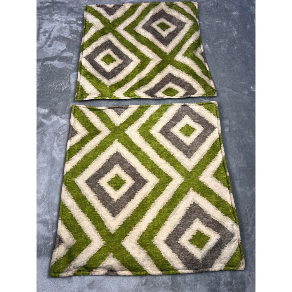 Custom Jacquard Pillow Covers 19x19 Green Gray Ikat Diamond Piped Zip Set of 2